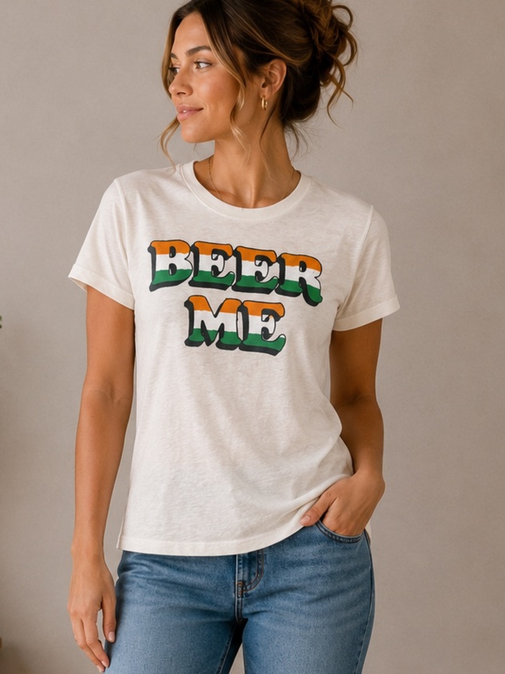 LEISURE LOUNGE NWT Women’s S Hetheard Distressed Cream T-Shirt  “Beer Me…
